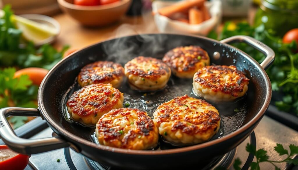 frying shrimp cakes