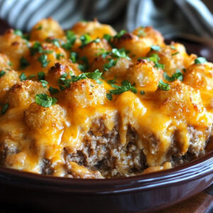 Cheesy tater tot meatloaf casserole baked golden in a casserole dish