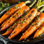 A tray of Honey Garlic Butter Roasted Carrots garnished with fresh parsley, glistening with a golden glaze.