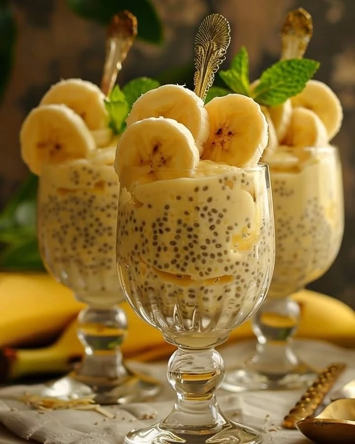 Glass jar of banana chia pudding layered with banana mousse and topped with fruit