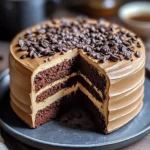 Coffee and Chocolate Sponge Cake slice on a plate with a drizzle of ganache