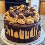 A beautifully decorated Reese’s Peanut Butter Drip Cake with chocolate ganache and Reese’s candies on top.