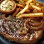 Grilled Steak with Caramelized Onions and Fries