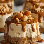 A plate of Peanut Butter Caramel Mini Cheesecakes drizzled with caramel and topped with peanuts