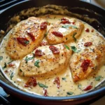 A skillet filled with Chicken in a Creamy Parmesan and Sundried Tomato Sauce, garnished with fresh basil.