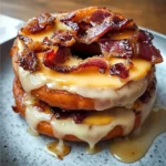 A golden-brown Donut Grilled Cheese with melted cheddar, crispy bacon, and maple glaze dripping down