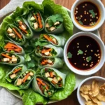 A plate of Lettuce Wrap Summer Rolls with dipping sauce