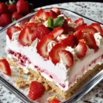 A slice of No-Bake Strawberry Cheesecake Lasagna with layers of graham crackers, strawberries, and cream cheese filling.