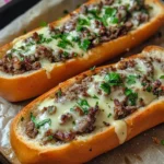 A freshly baked Philly Cheesesteak Garlic Bread topped with melted cheese and parsley