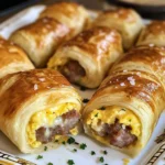 Flaky sausage, egg, and cheese breakfast roll-ups on a serving plate