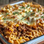 A serving of Sloppy Joe Casserole with melted cheese and pasta