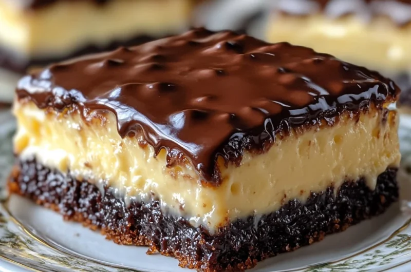 Slice of Boston Cream Poke Cake with chocolate glaze and vanilla pudding layer