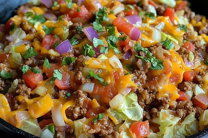 Hearty cabbage roll skillet with melted cheddar and ground beef in a cast-iron pan