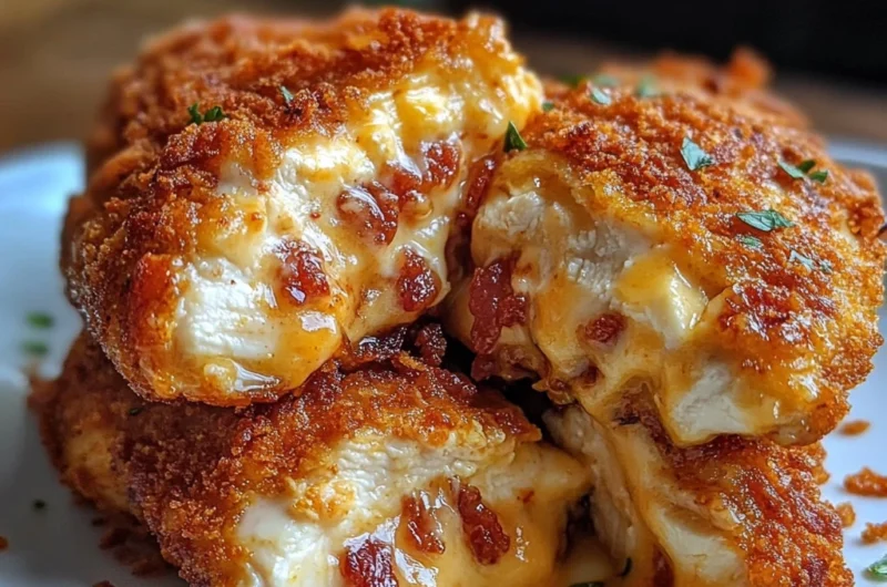 Golden crispy Doritos chicken stuffed with cream cheese and bacon, sliced on a white plate