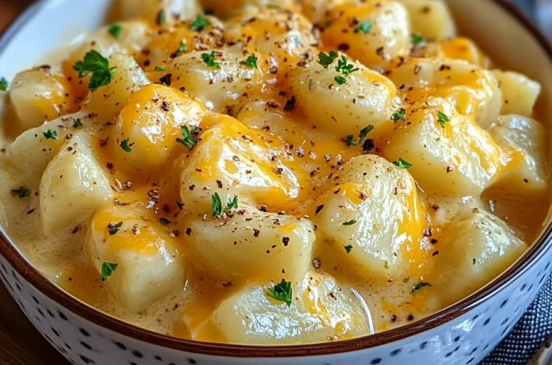 Bowl of creamy crockpot cheesy potatoes with melted cheese and parsley on top