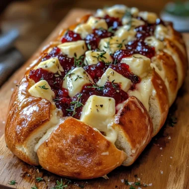 Golden sourdough bread filled with melted brie and cranberry, sliced and ready to serve