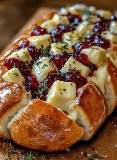 Golden sourdough bread filled with melted brie and cranberry, sliced and ready to serve