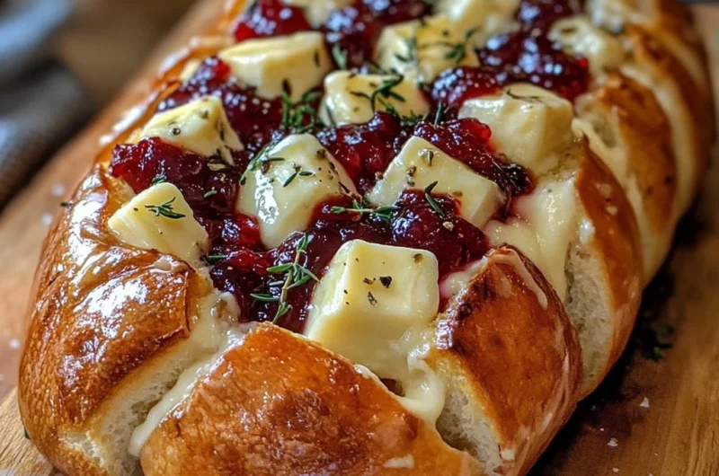 Golden sourdough bread filled with melted brie and cranberry, sliced and ready to serve