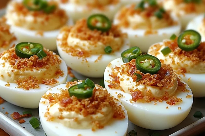 Deviled eggs topped with bacon and jalapeño on white serving tray