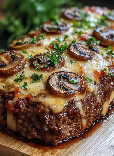 Sliced mushroom and Swiss cheese meatloaf with golden edges on a rustic serving plate
