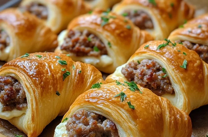 Flaky sausage cream cheese crescents on a white platter