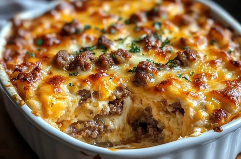 Sausage egg and hashbrown breakfast casserole in baking dish