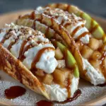 Apple Cheesecake Tacos drizzled with caramel sauce and sprinkled with chopped nuts on a white plate