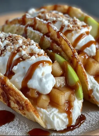 Apple Cheesecake Tacos drizzled with caramel sauce and sprinkled with chopped nuts on a white plate