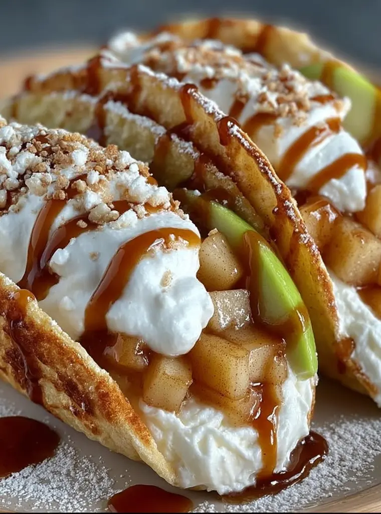 Apple Cheesecake Tacos drizzled with caramel sauce and sprinkled with chopped nuts on a white plate