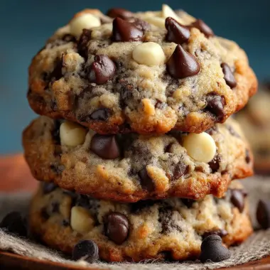 Stack of Banana Bread Chocolate Chip Cookies with chocolate chips scattered