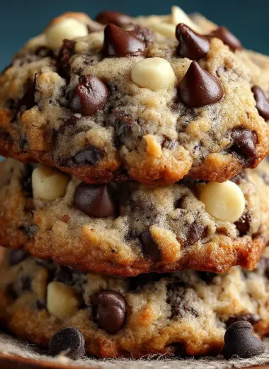 Stack of Banana Bread Chocolate Chip Cookies with chocolate chips scattered