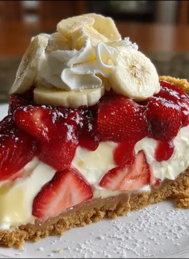 Slice of Banana-Strawberry Cheesecake with fresh fruit topping