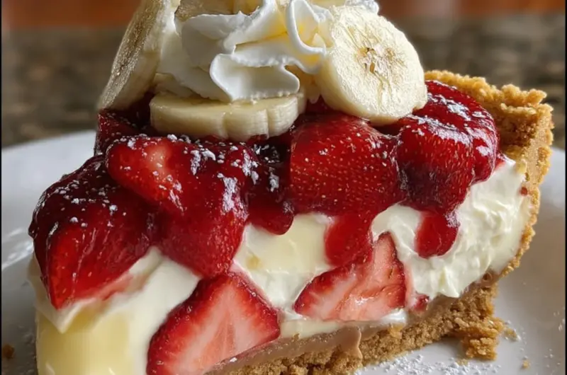 Slice of Banana-Strawberry Cheesecake with fresh fruit topping