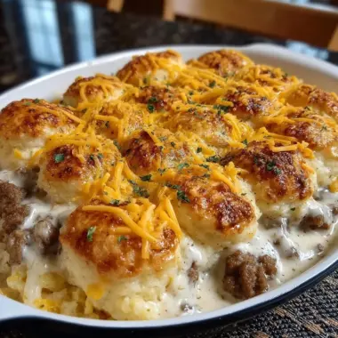 Golden Biscuits Gravy Hashbrown Casserole in a baking dish