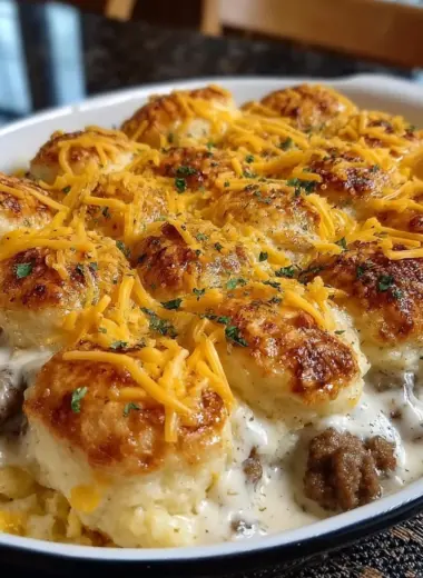 Golden Biscuits Gravy Hashbrown Casserole in a baking dish