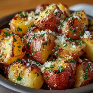 Golden roasted potatoes topped with melted Parmesan and fresh parsley
