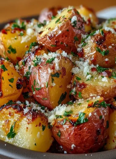 Golden roasted potatoes topped with melted Parmesan and fresh parsley