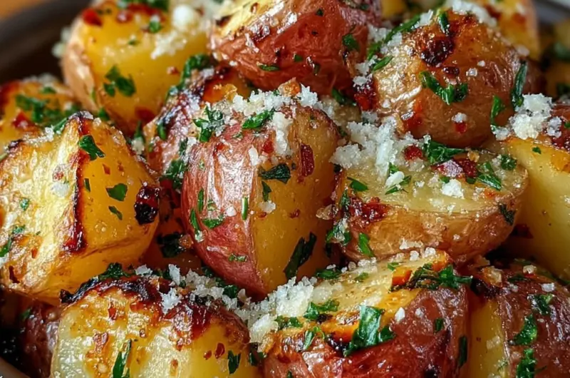 Golden roasted potatoes topped with melted Parmesan and fresh parsley