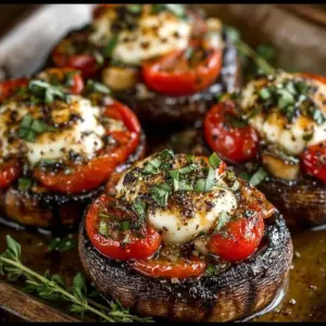 Baked Caprese Stuffed Garlic Butter Portobello mushrooms with mozzarella and cherry tomatoes