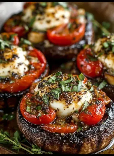 Baked Caprese Stuffed Garlic Butter Portobello mushrooms with mozzarella and cherry tomatoes