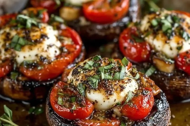Baked Caprese Stuffed Garlic Butter Portobello mushrooms with mozzarella and cherry tomatoes