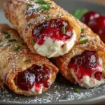 Cherry Cream Cheese Egg Rolls cut open with creamy cherry filling and powdered sugar on top