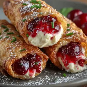 Cherry Cream Cheese Egg Rolls cut open with creamy cherry filling and powdered sugar on top