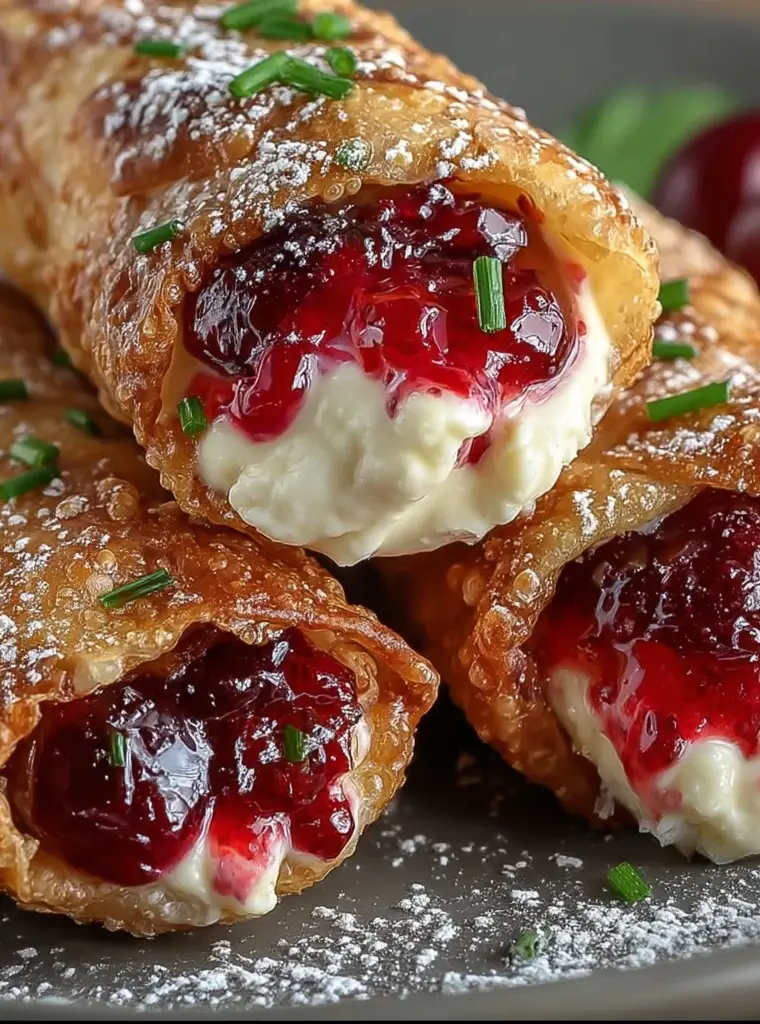 Cherry Cream Cheese Egg Rolls cut open with creamy cherry filling and powdered sugar on top