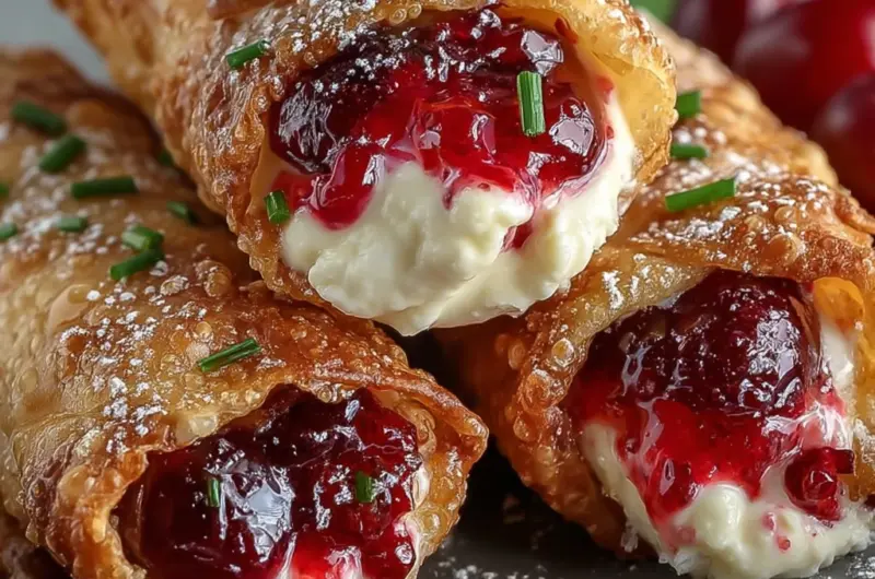 Cherry Cream Cheese Egg Rolls cut open with creamy cherry filling and powdered sugar on top