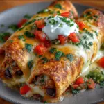 Golden baked chicken chimichangas on a plate with salsa and sour cream