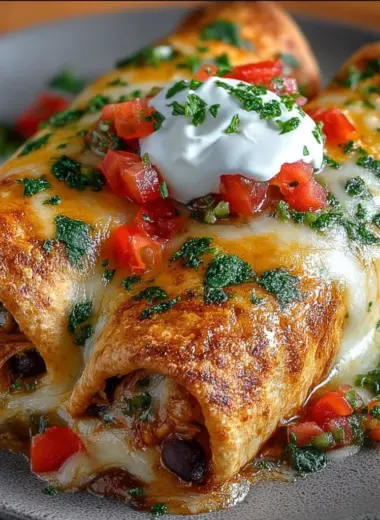 Golden baked chicken chimichangas on a plate with salsa and sour cream
