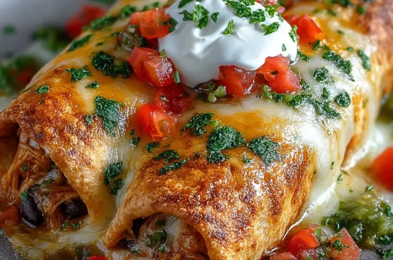 Golden baked chicken chimichangas on a plate with salsa and sour cream