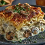 lice of Mushroom Chicken Alfredo Lasagna on a plate with parsley garnish