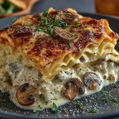 lice of Mushroom Chicken Alfredo Lasagna on a plate with parsley garnish